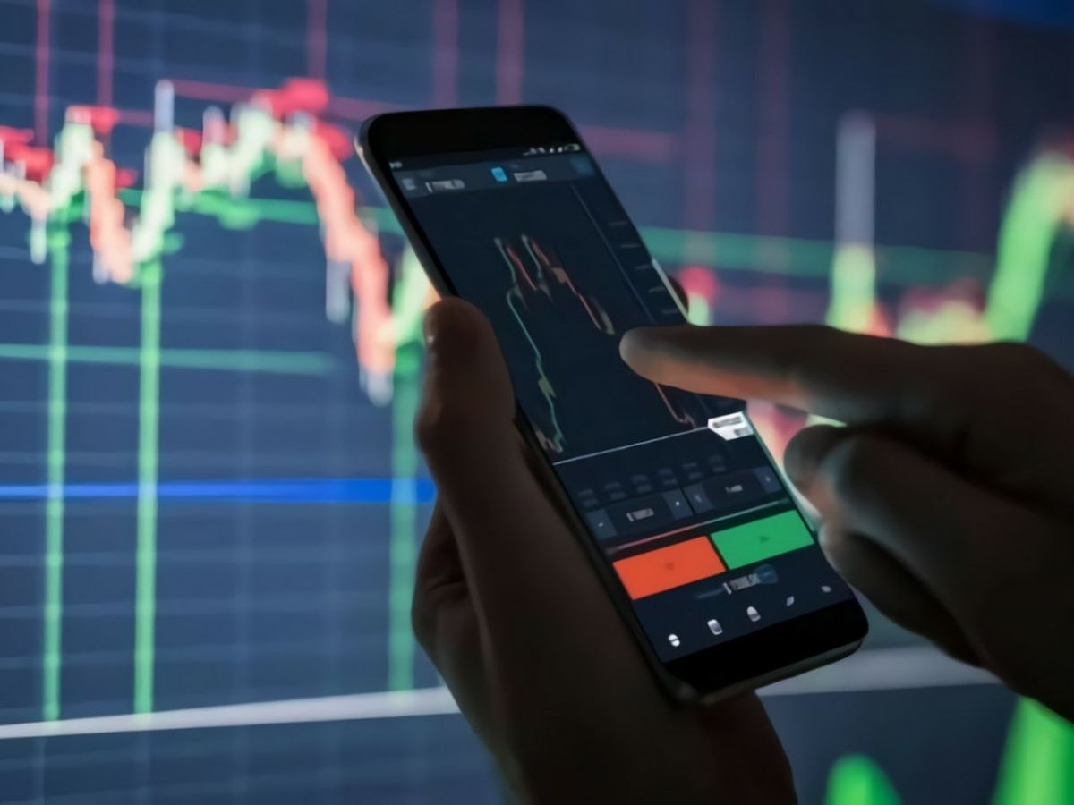a person holding a cell phone in front of a stock chart